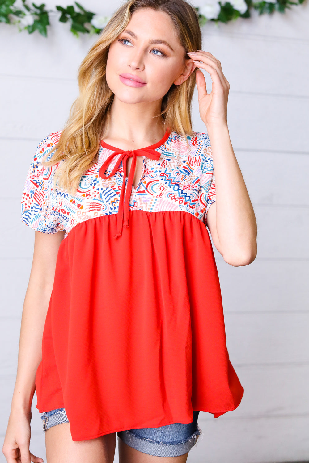 Red Boho Print Tie Neck Dolman Tops | Nikki &amp; Co. Boutique