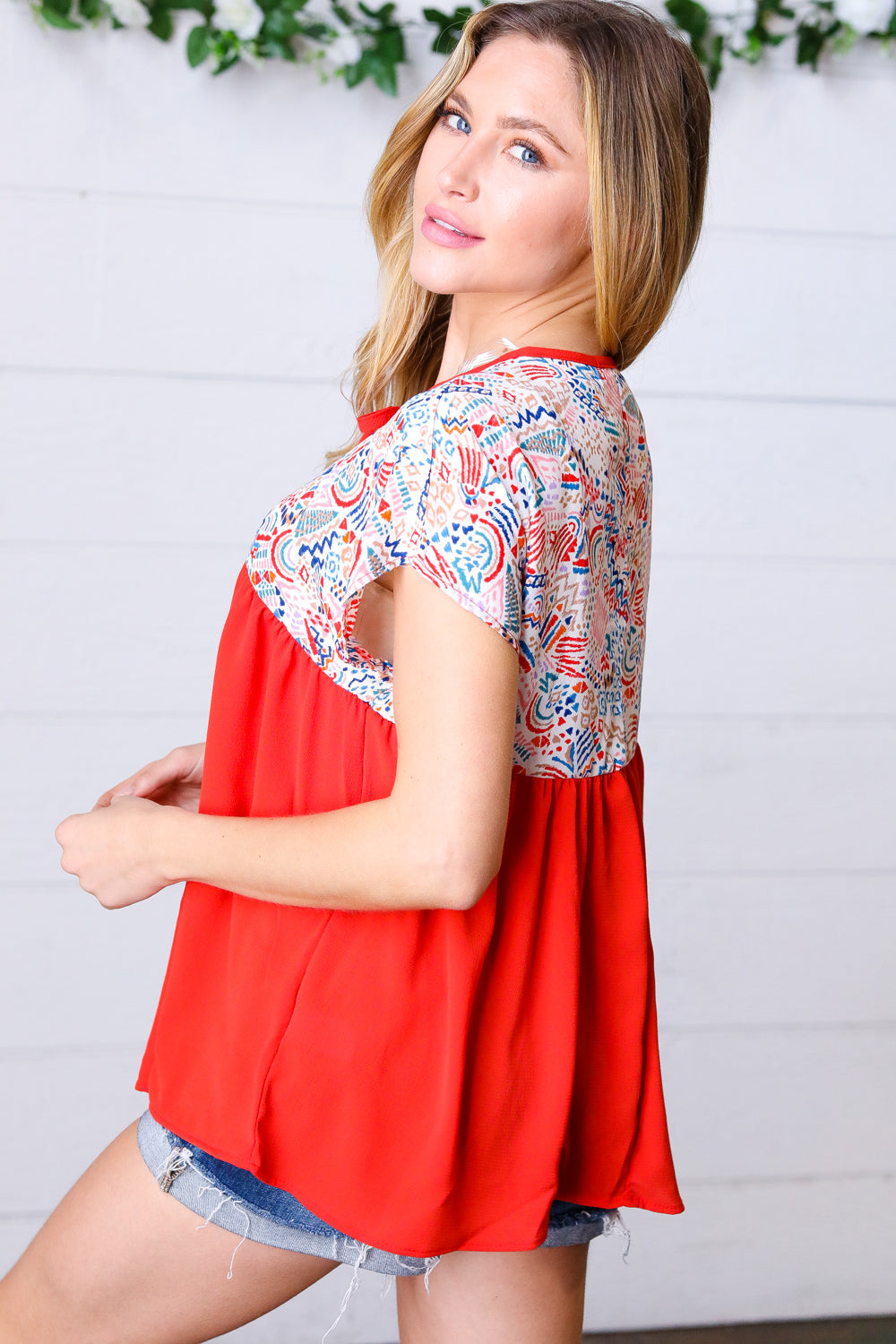 Red Boho Print Tie Neck Dolman Tops | Nikki &amp; Co. Boutique