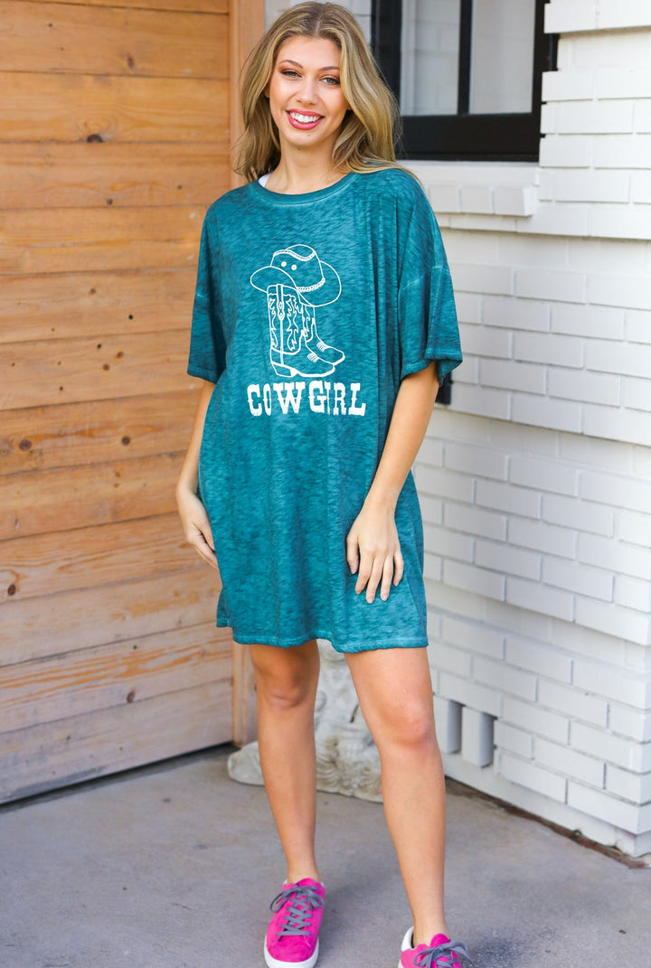Emerald Cotton Blend COWGIRL Graphic Long Tees | Nikki &amp; Co. Boutique