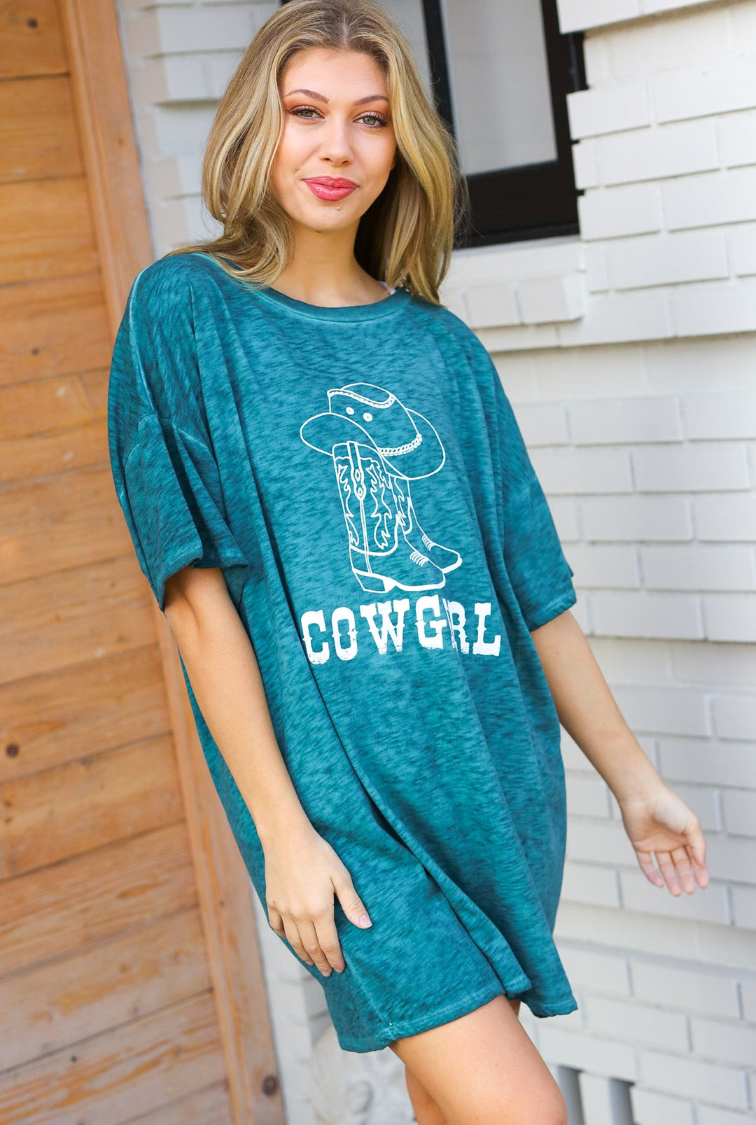 Emerald Cotton Blend COWGIRL Graphic Long Tees | Nikki &amp; Co. Boutique