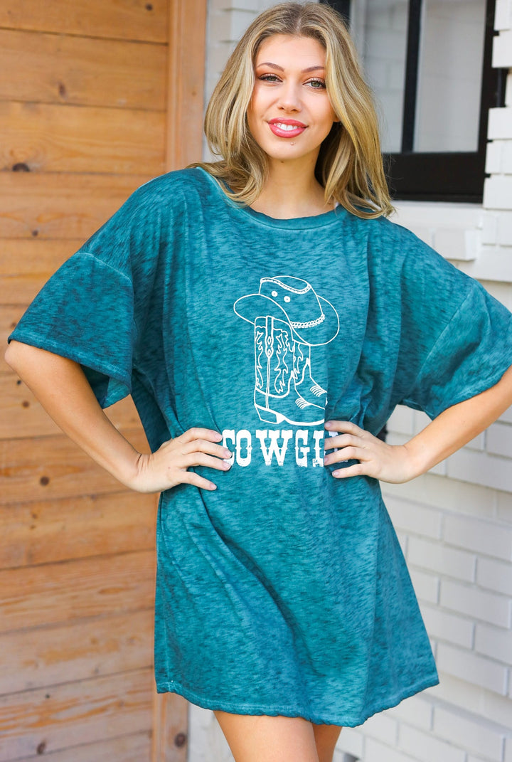 Emerald Cotton Blend COWGIRL Graphic Long Tees | Nikki &amp; Co. Boutique