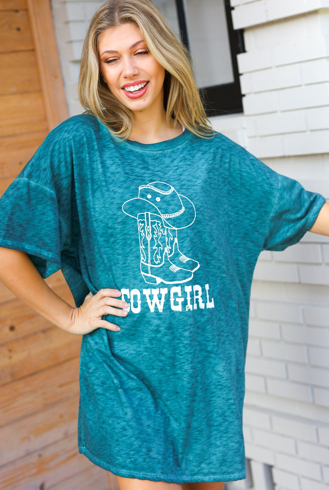 Emerald Cotton Blend COWGIRL Graphic Long Tees | Nikki &amp; Co. Boutique