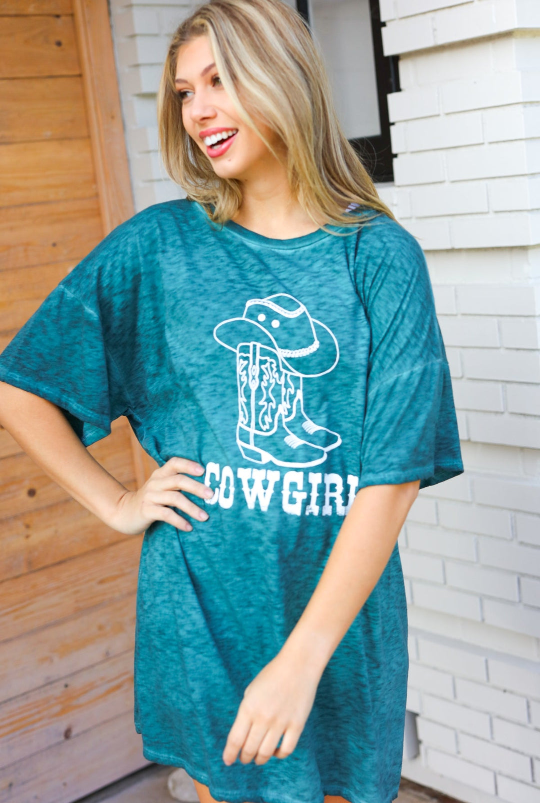 Emerald Cotton Blend COWGIRL Graphic Long Tees | Nikki &amp; Co. Boutique