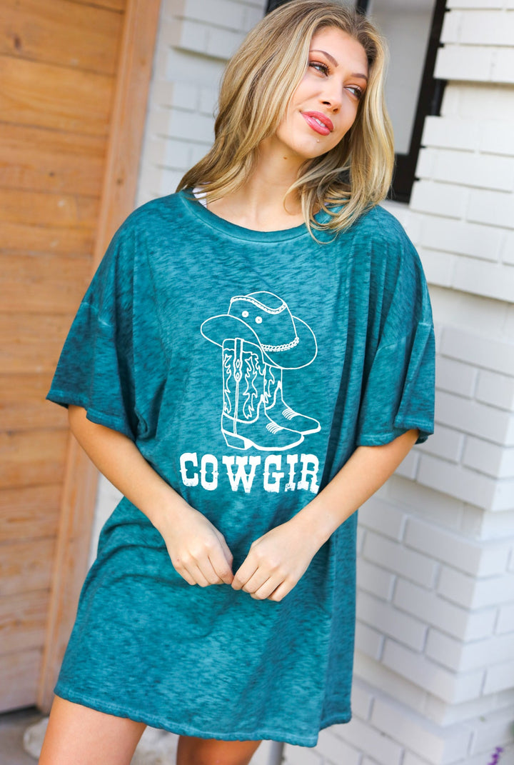 Emerald Cotton Blend COWGIRL Graphic Long Tees | Nikki &amp; Co. Boutique