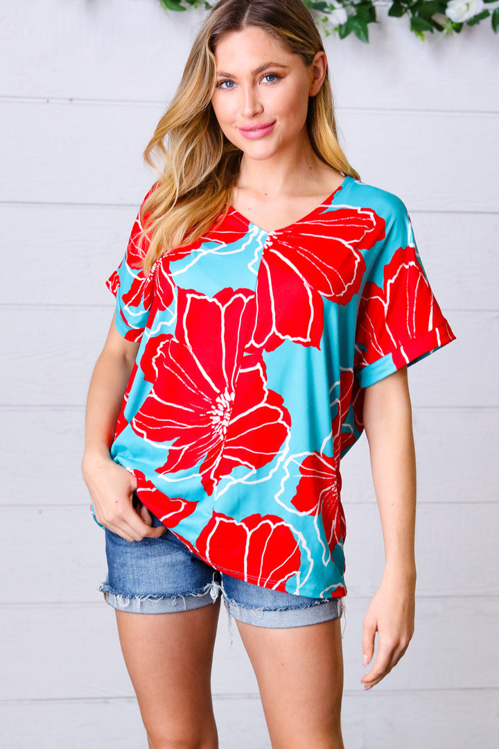 Teal &amp; Cherry Red Floral Print V Neck Tops | Nikki &amp; Co. Boutique
