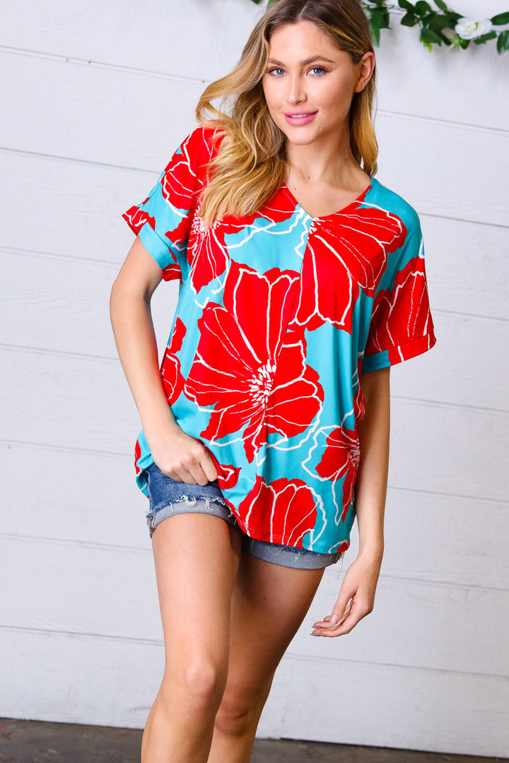 Teal &amp; Cherry Red Floral Print V Neck Tops | Nikki &amp; Co. Boutique