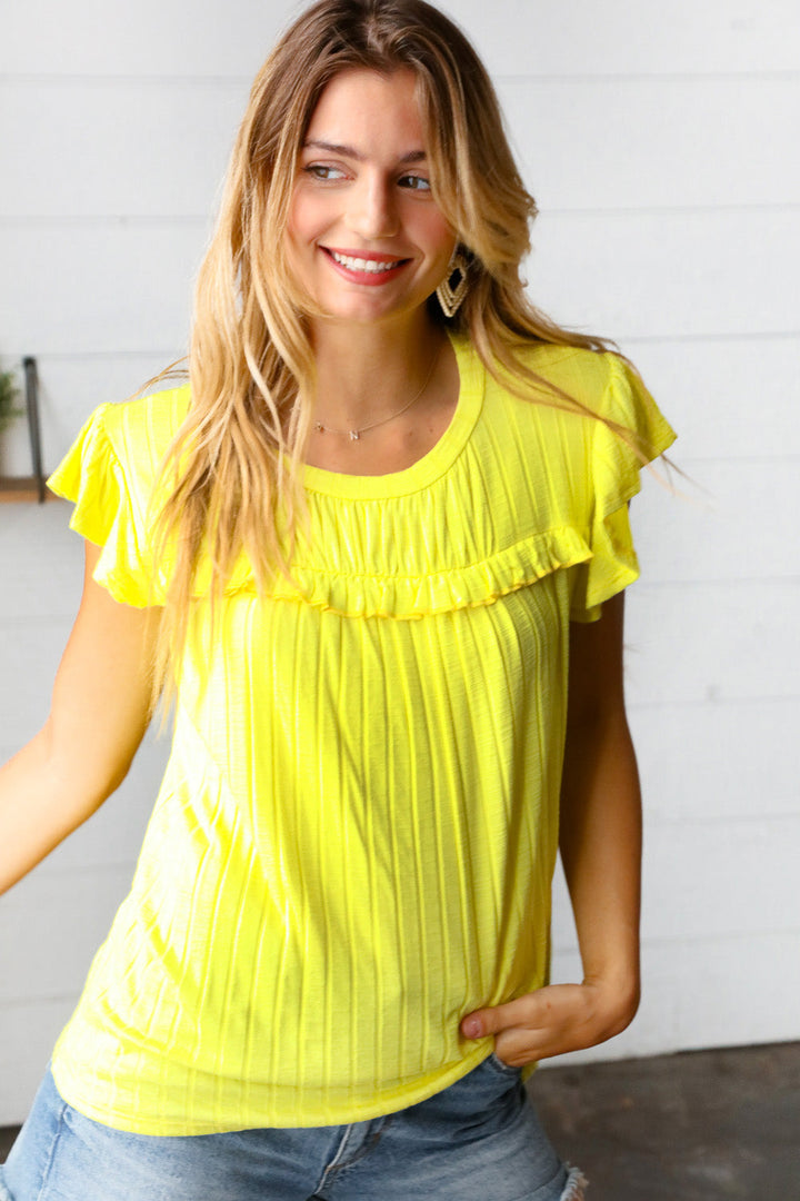 Yellow Wide Rib Frilled Shorts Sleeve Yoke Tops | Nikki &amp; Co. Boutique