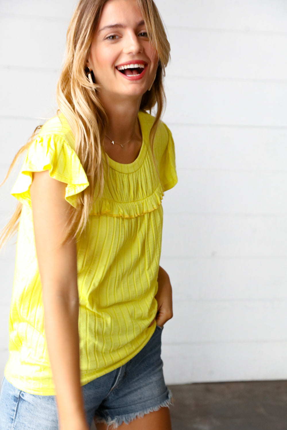 Yellow Wide Rib Frilled Shorts Sleeve Yoke Tops | Nikki &amp; Co. Boutique