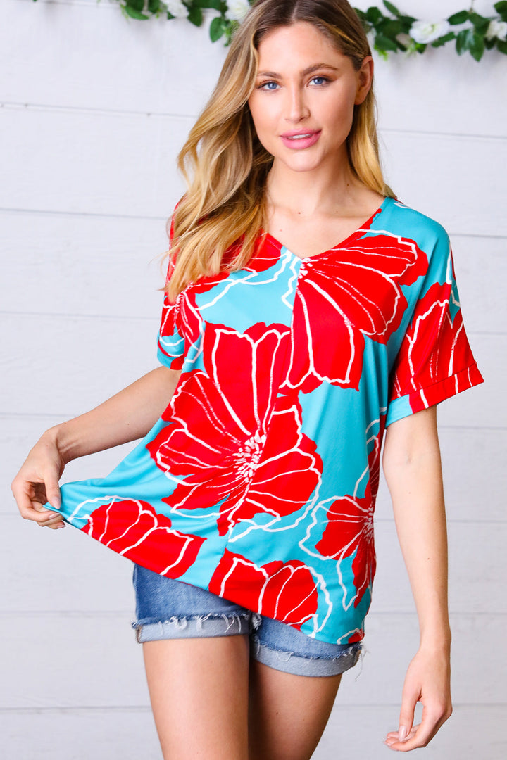 Teal &amp; Cherry Red Floral Print V Neck Tops | Nikki &amp; Co. Boutique