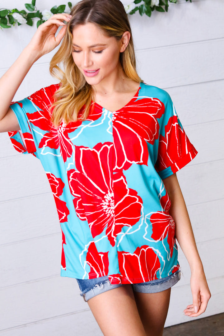 Teal &amp; Cherry Red Floral Print V Neck Tops | Nikki &amp; Co. Boutique