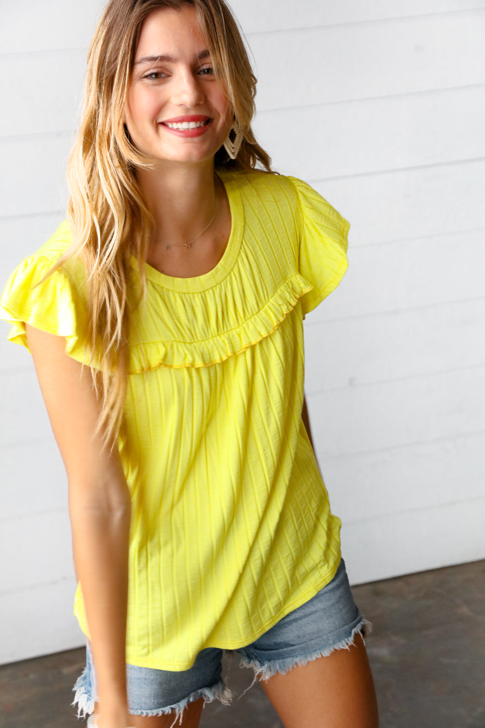 Yellow Wide Rib Frilled Shorts Sleeve Yoke Tops | Nikki &amp; Co. Boutique