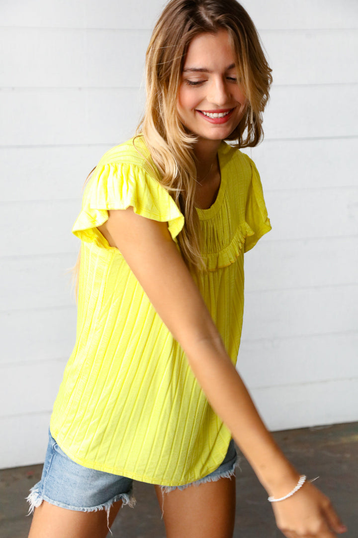 Yellow Wide Rib Frilled Shorts Sleeve Yoke Tops | Nikki &amp; Co. Boutique