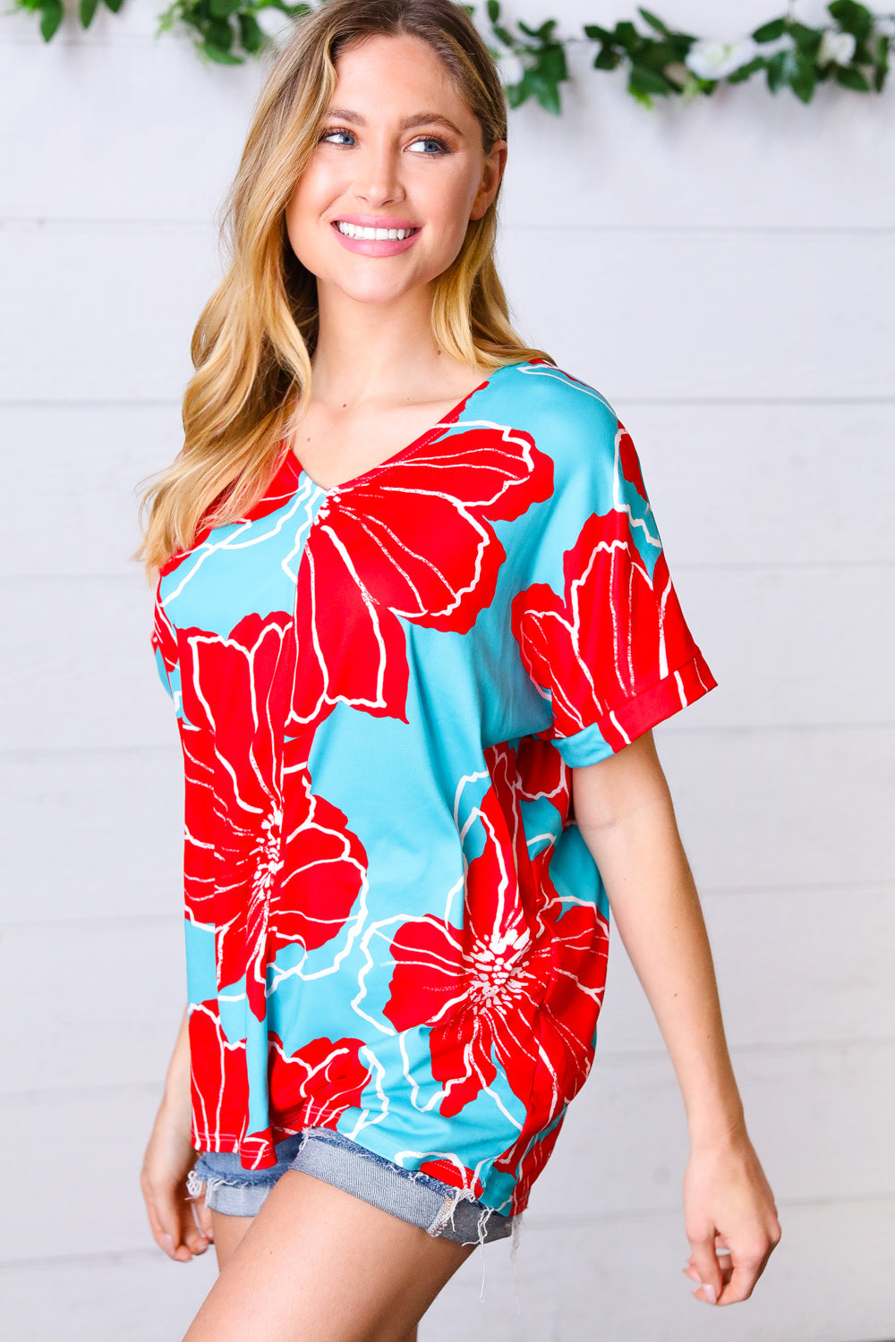 Teal &amp; Cherry Red Floral Print V Neck Tops | Nikki &amp; Co. Boutique