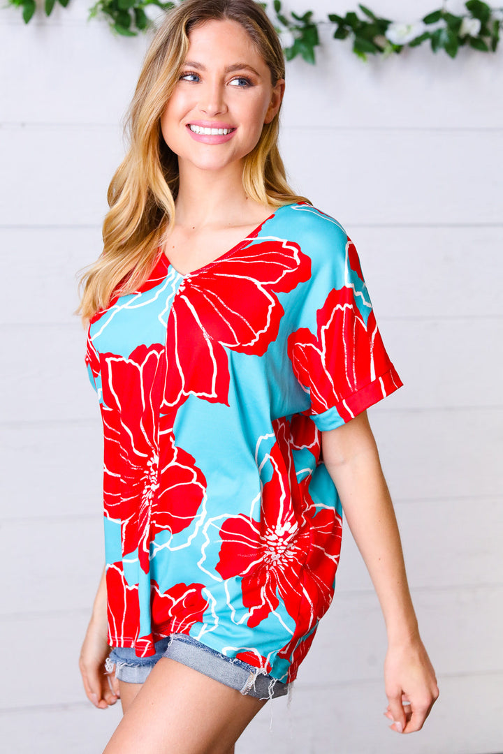 Teal &amp; Cherry Red Floral Print V Neck Tops | Nikki &amp; Co. Boutique