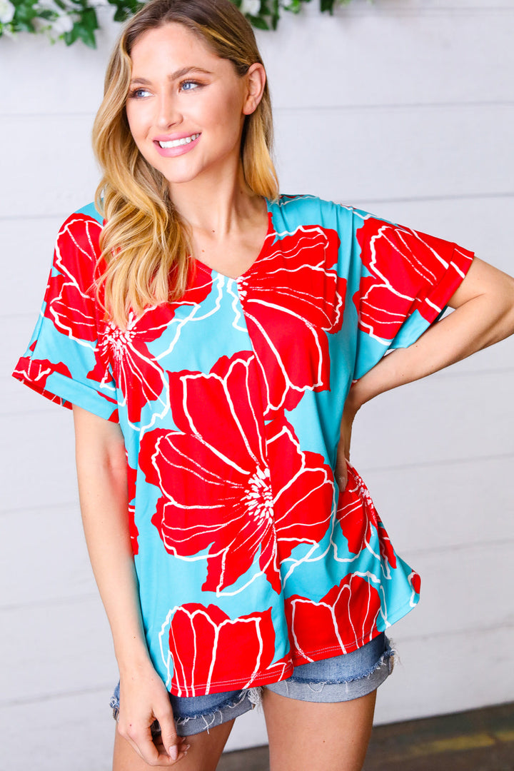 Teal &amp; Cherry Red Floral Print V Neck Tops | Nikki &amp; Co. Boutique