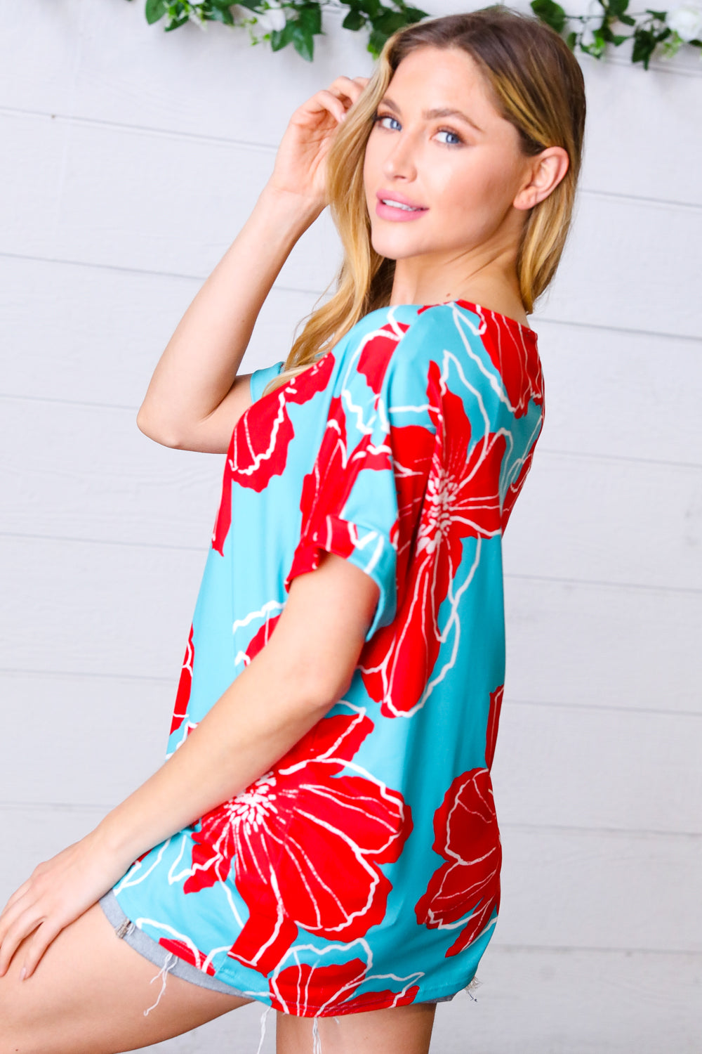 Teal &amp; Cherry Red Floral Print V Neck Tops | Nikki &amp; Co. Boutique