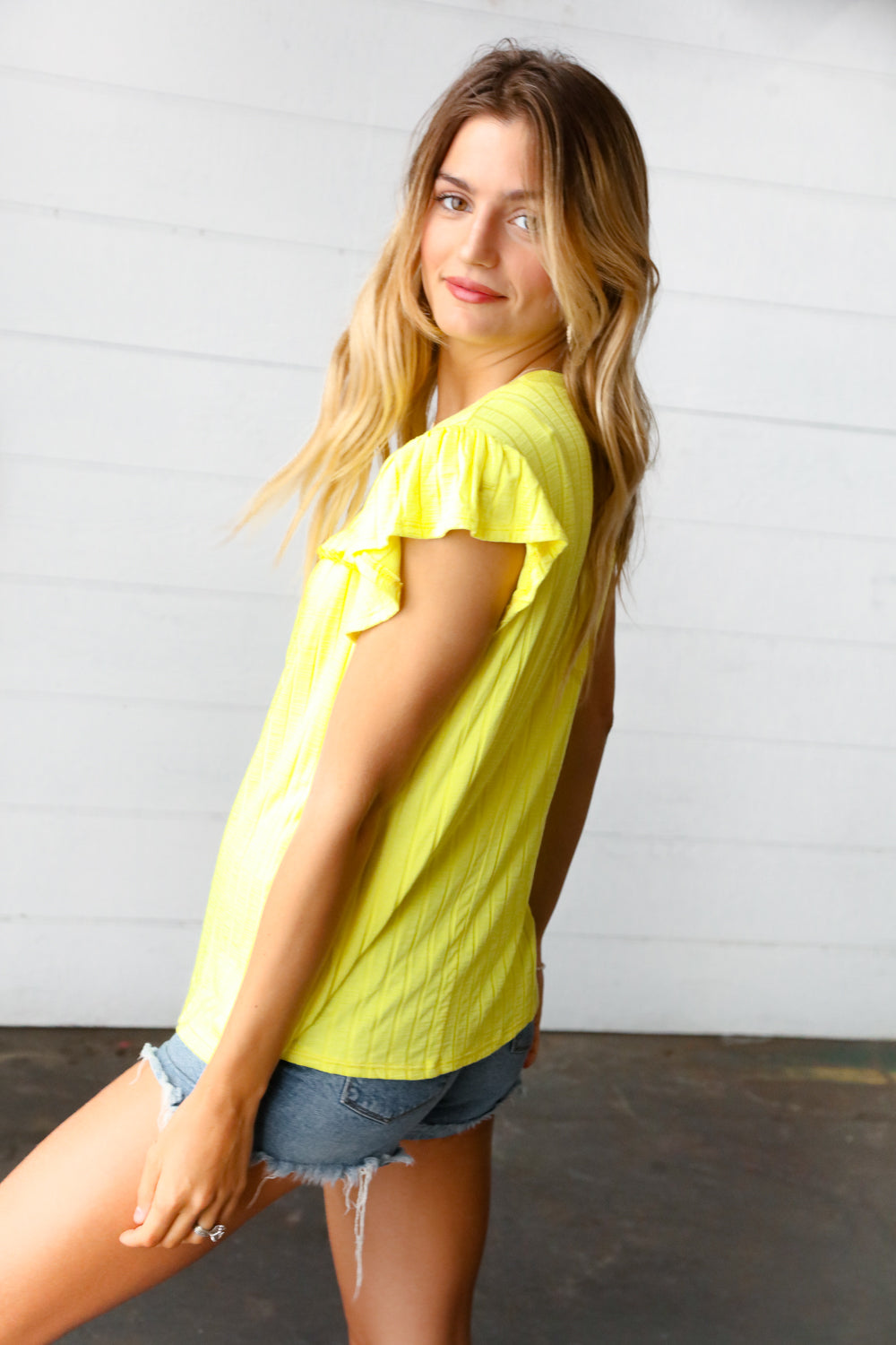 Yellow Wide Rib Frilled Shorts Sleeve Yoke Tops | Nikki &amp; Co. Boutique
