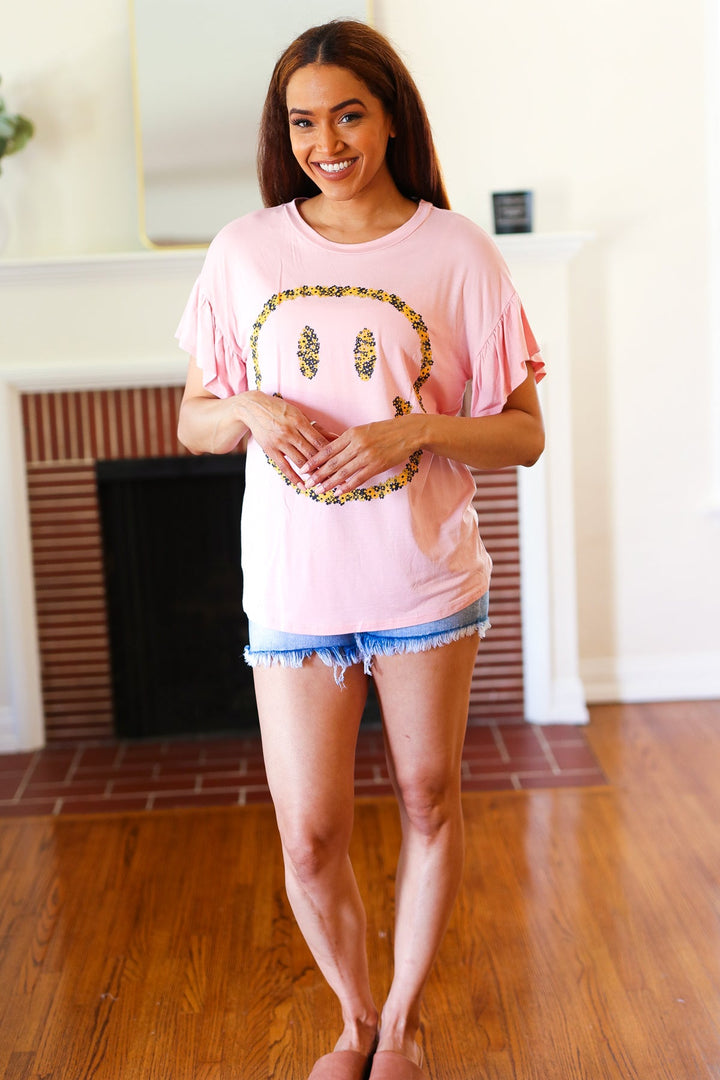 Live For Today Pink Floral Smiley Face Flutter Sleeve Tees | Nikki &amp; Co. Boutique