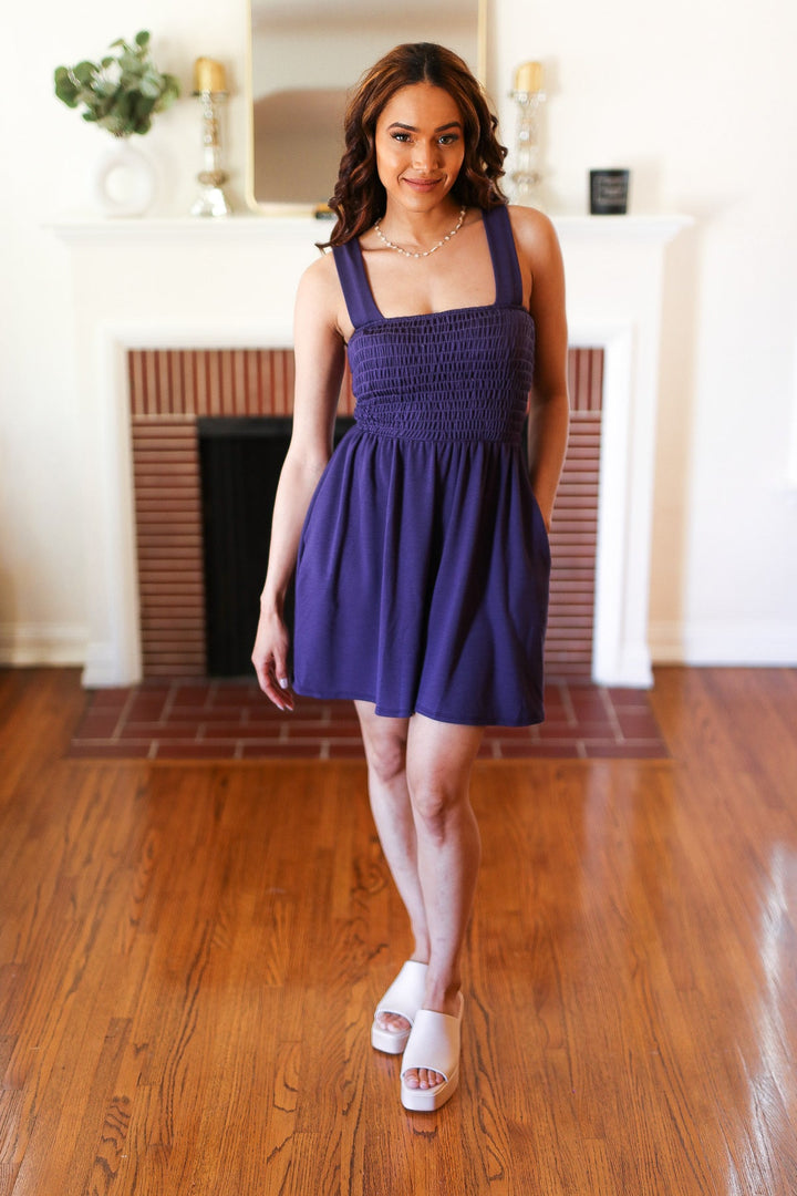 Indigo Terry Smocked Tank Top Baggy Shorts Romper | Nikki &amp; Co. Boutique