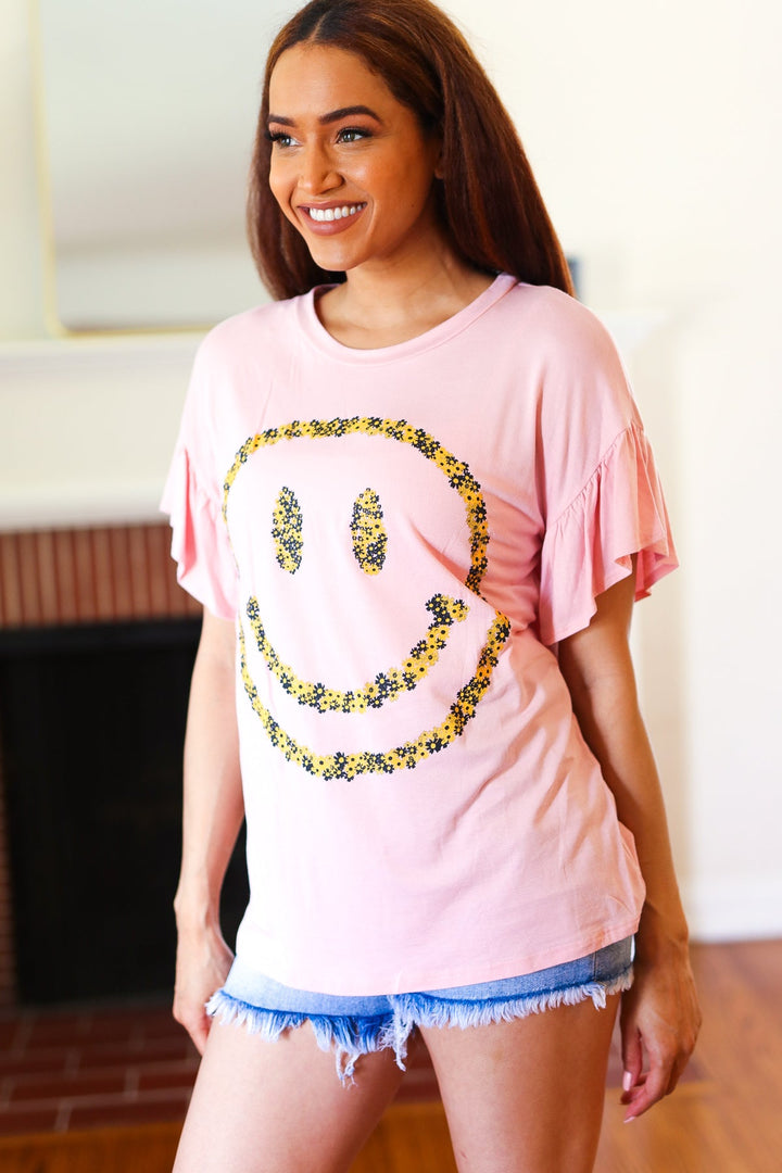 Live For Today Pink Floral Smiley Face Flutter Sleeve Tees | Nikki &amp; Co. Boutique