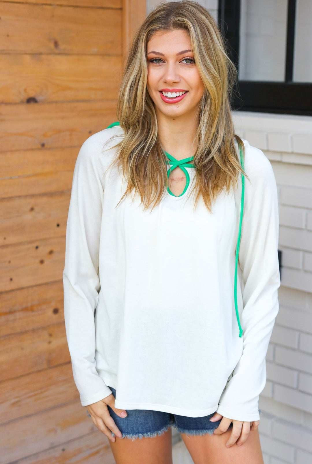 Feeling It Kelly Green Clover Cut Out Terry Hoodie | Nikki &amp; Co. Boutique