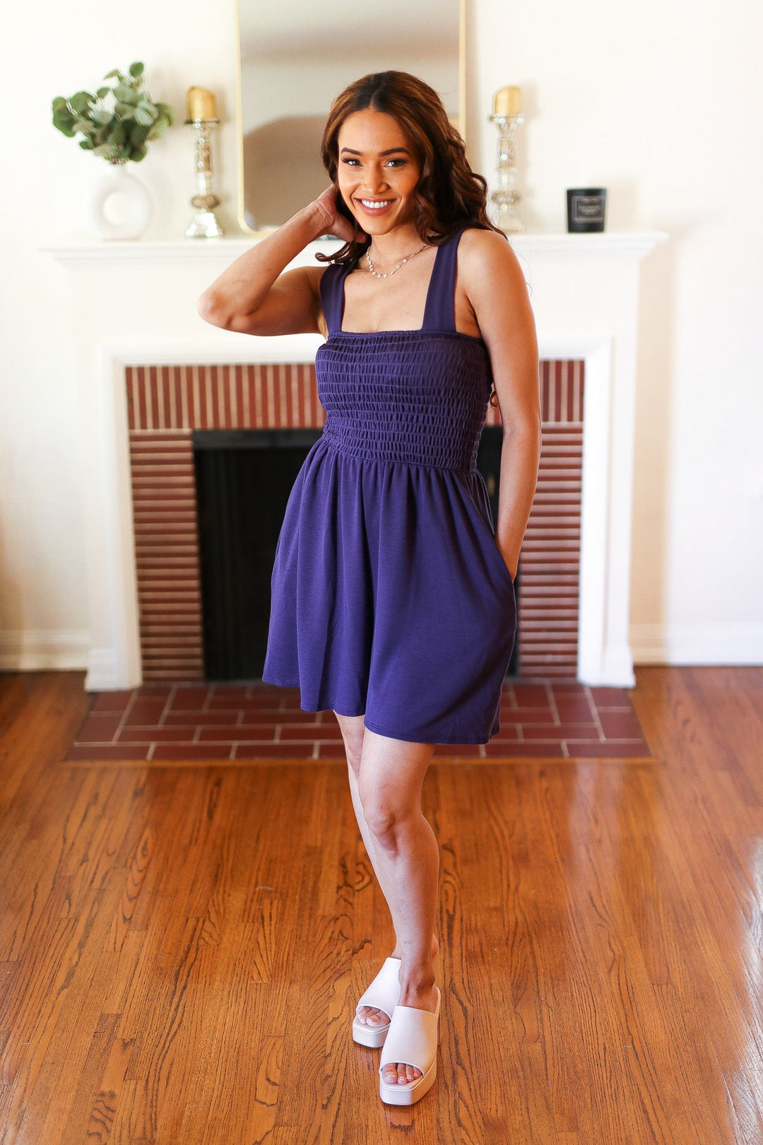Indigo Terry Smocked Tank Top Baggy Shorts Romper | Nikki &amp; Co. Boutique