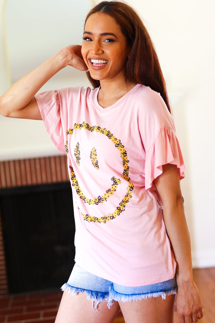 Live For Today Pink Floral Smiley Face Flutter Sleeve Tees | Nikki &amp; Co. Boutique