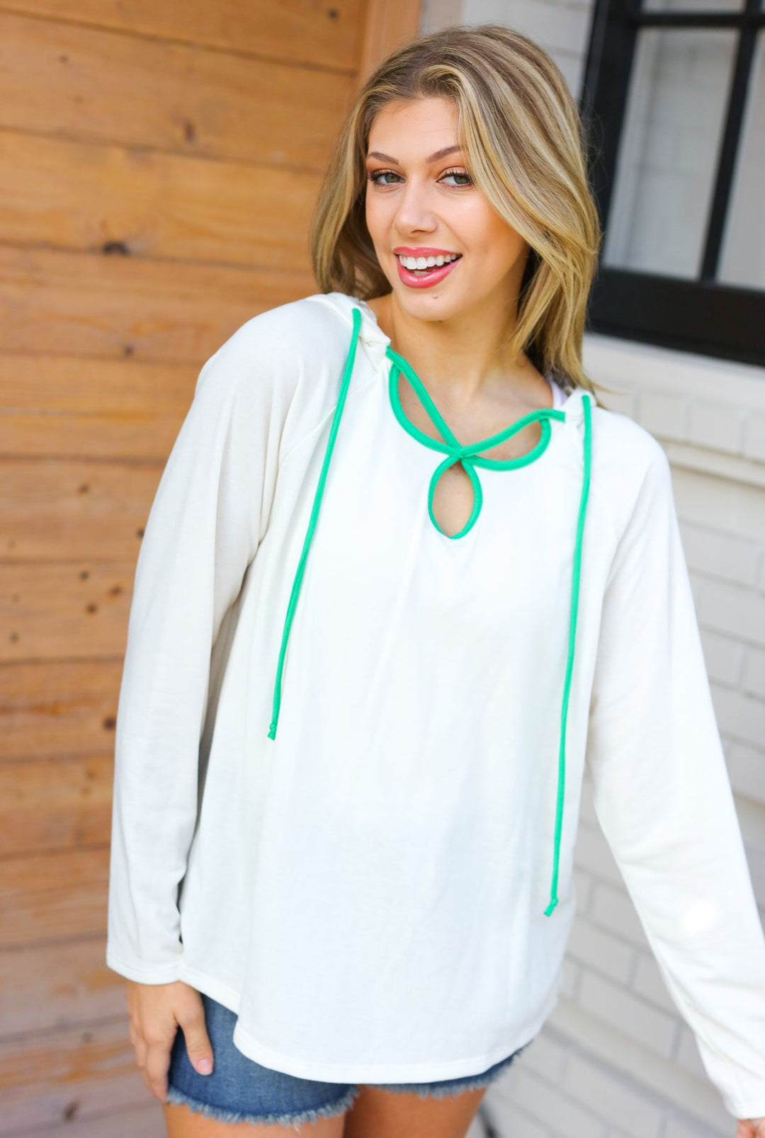 Feeling It Kelly Green Clover Cut Out Terry Hoodie | Nikki &amp; Co. Boutique