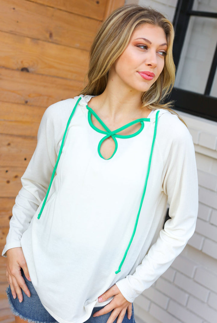 Feeling It Kelly Green Clover Cut Out Terry Hoodie | Nikki &amp; Co. Boutique