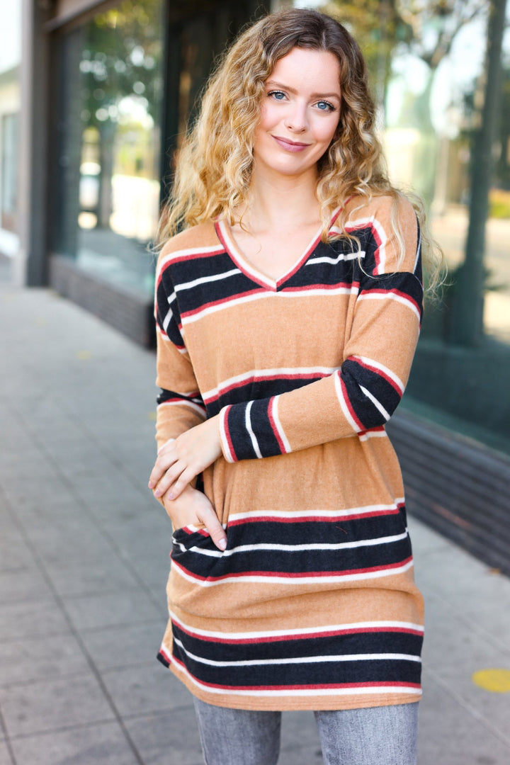 Casual Chic Taupe Hacci Stripe Pocketed Tunic/Dress | Nikki &amp; Co. Boutique