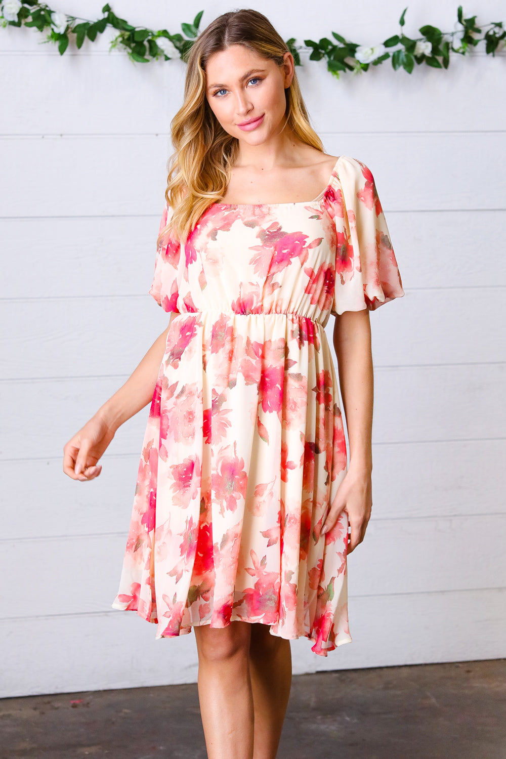 Peach Floral Chiffon Puff Sleeve Dress | Nikki &amp; Co. Boutique