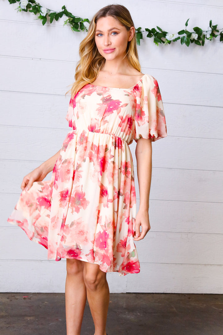 Peach Floral Chiffon Puff Sleeve Dress | Nikki &amp; Co. Boutique