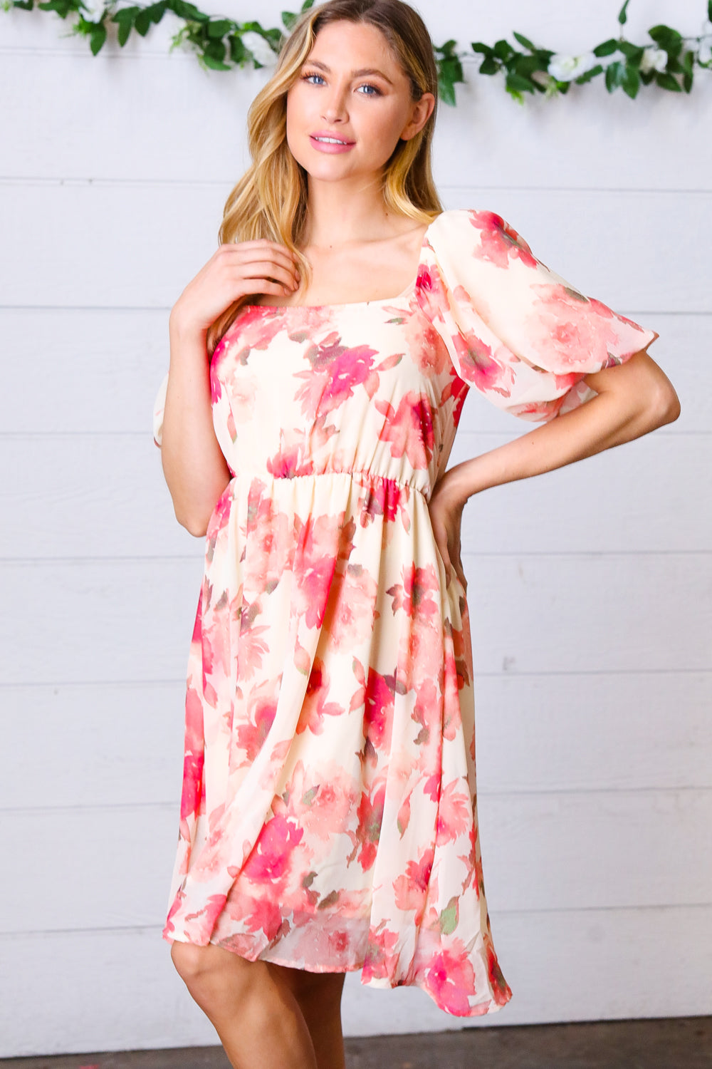 Peach Floral Chiffon Puff Sleeve Dress | Nikki &amp; Co. Boutique