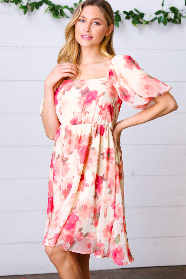 Peach Floral Chiffon Puff Sleeve Dress | Nikki &amp; Co. Boutique