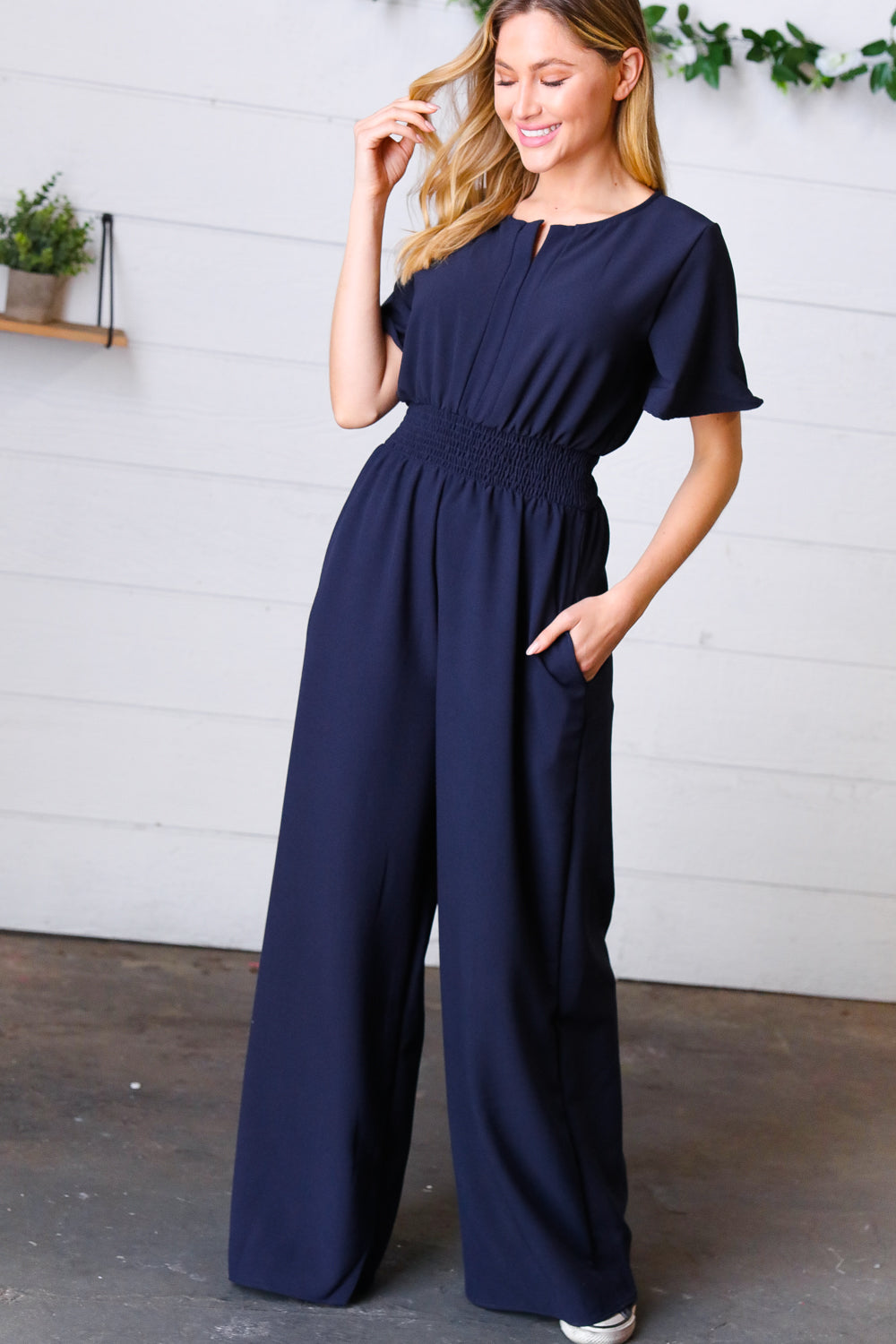Dark Blue Smocked Waist Notch Neck Crepe Jumpsuit | Nikki &amp; Co. Boutique