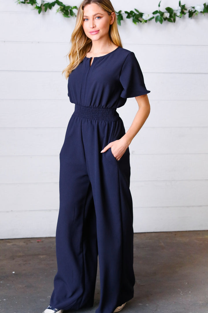 Dark Blue Smocked Waist Notch Neck Crepe Jumpsuit | Nikki &amp; Co. Boutique