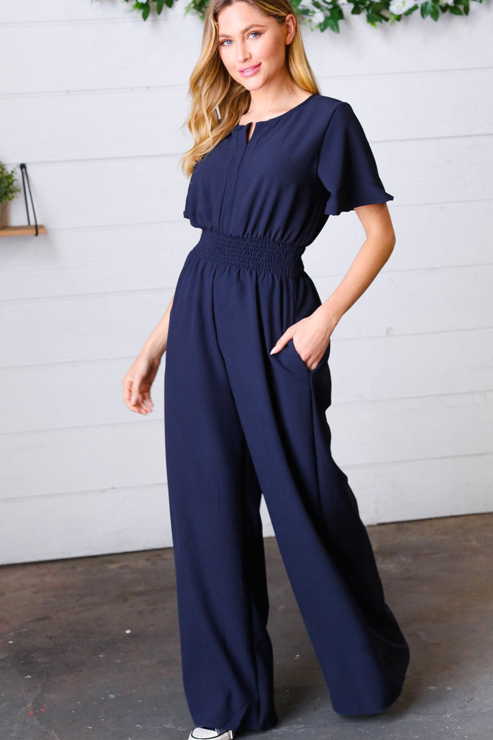 Dark Blue Smocked Waist Notch Neck Crepe Jumpsuit | Nikki &amp; Co. Boutique