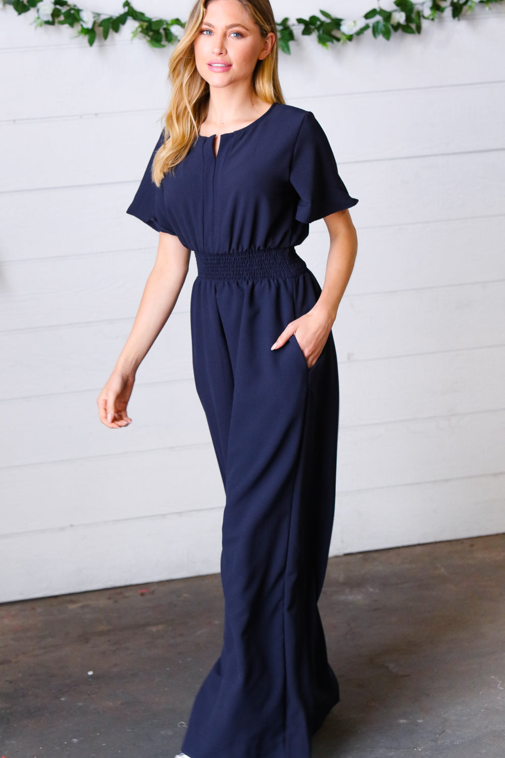 Dark Blue Smocked Waist Notch Neck Crepe Jumpsuit | Nikki &amp; Co. Boutique