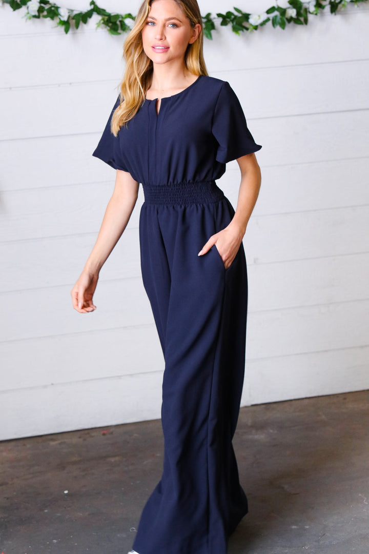 Dark Blue Smocked Waist Notch Neck Crepe Jumpsuit | Nikki &amp; Co. Boutique