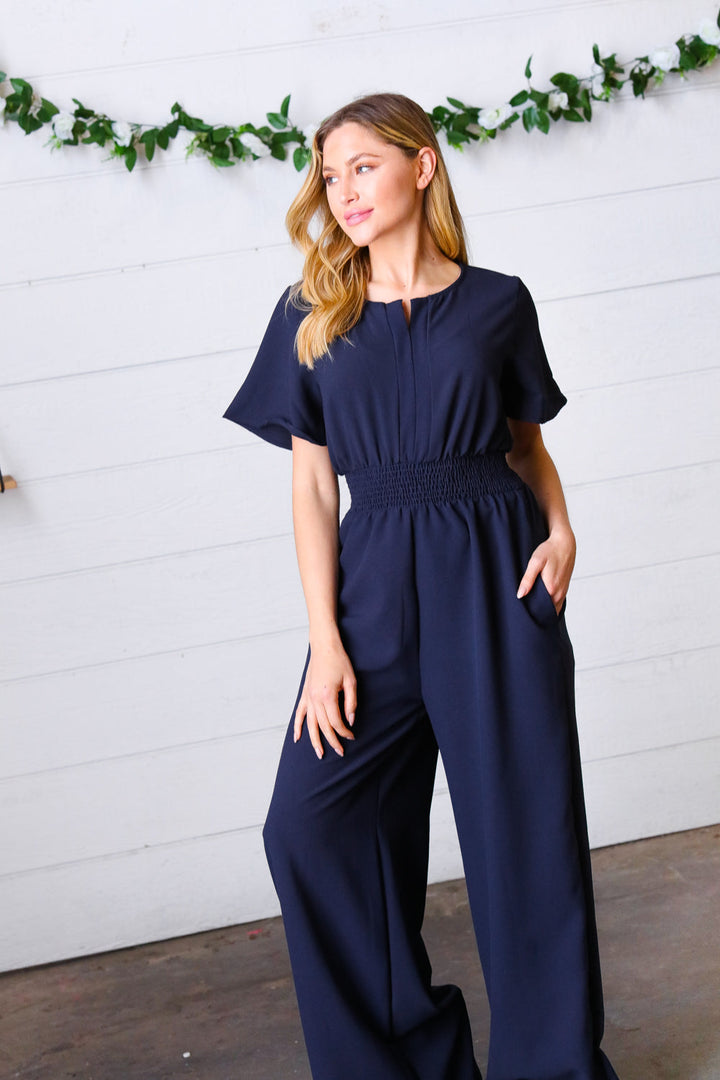 Dark Blue Smocked Waist Notch Neck Crepe Jumpsuit | Nikki &amp; Co. Boutique