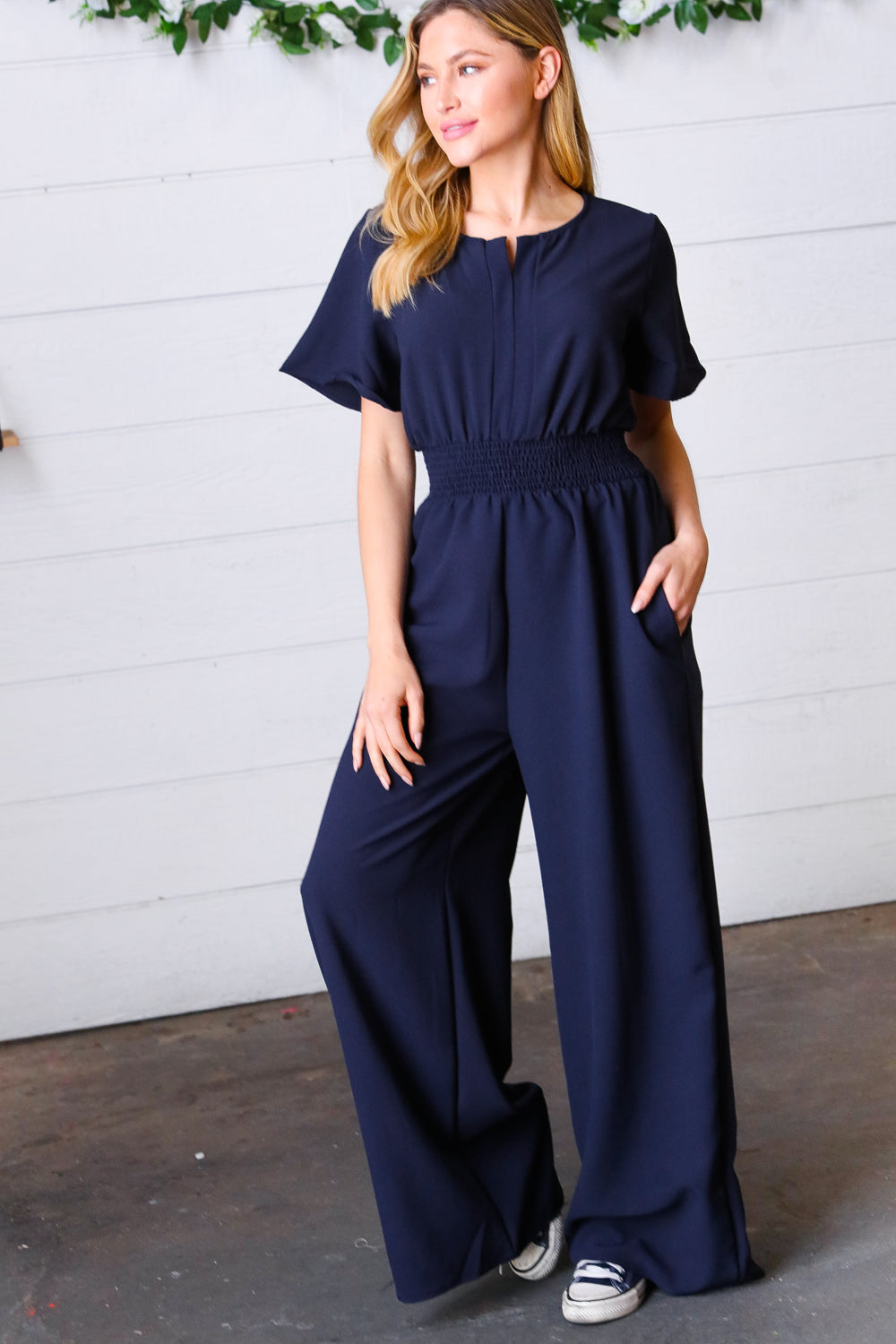 Dark Blue Smocked Waist Notch Neck Crepe Jumpsuit | Nikki &amp; Co. Boutique