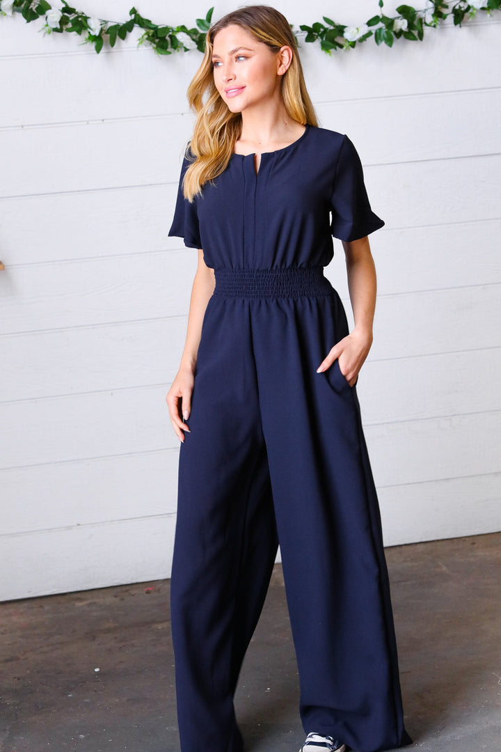 Dark Blue Smocked Waist Notch Neck Crepe Jumpsuit | Nikki &amp; Co. Boutique