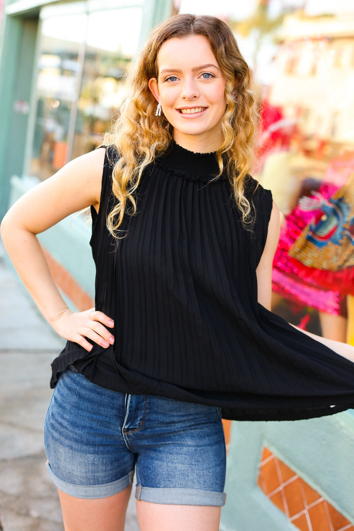 Sweet New Days Black Smocked Neck Pleated Sleeveless Tops | Nikki &amp; Co. Boutique