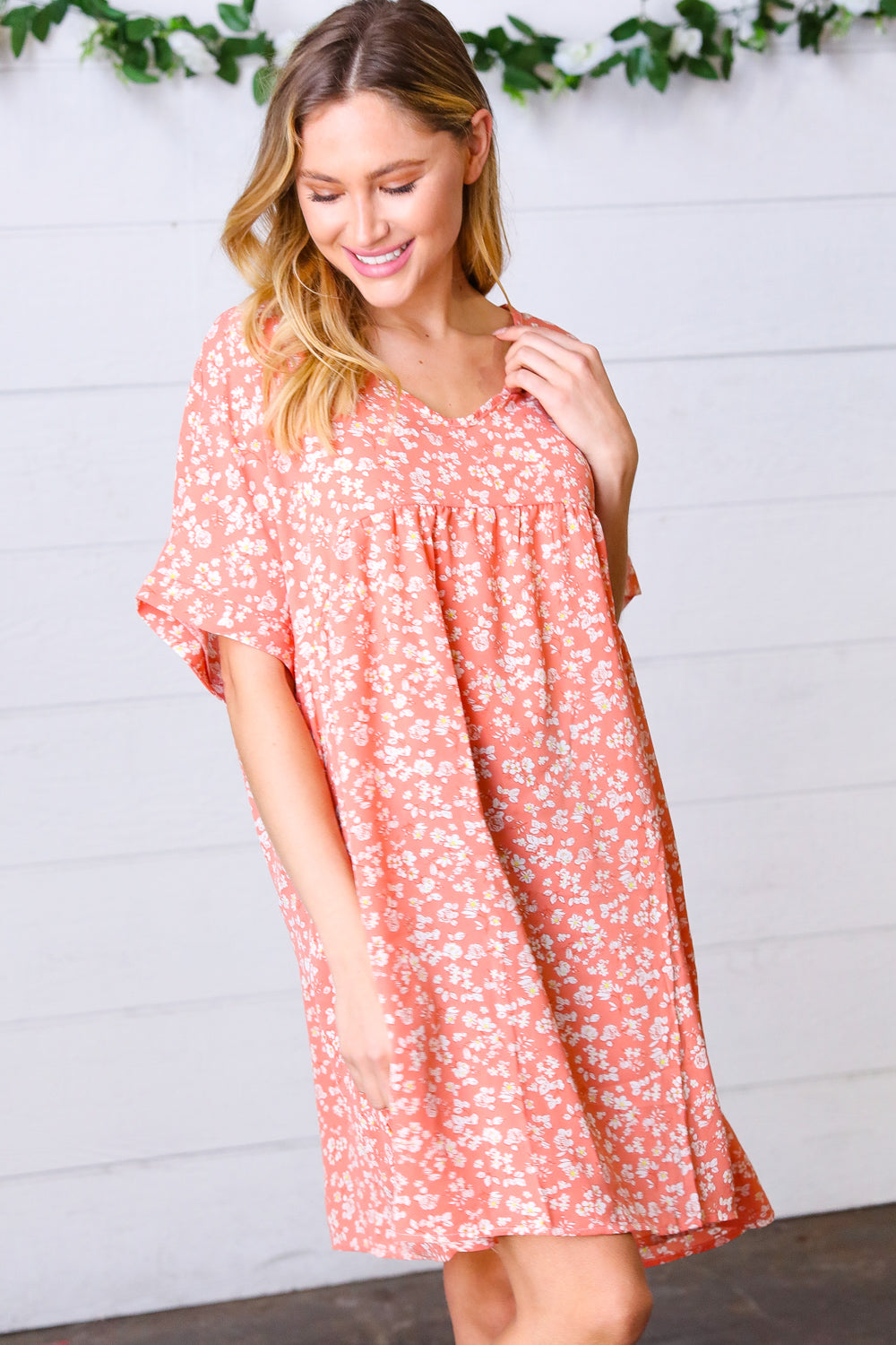 Peach Ditzy Floral Woven Dolman V Neck Dress | Nikki &amp; Co. Boutique