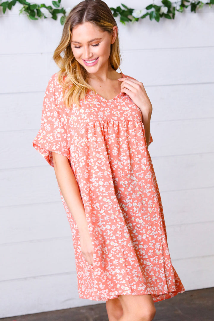 Peach Ditzy Floral Woven Dolman V Neck Dress | Nikki &amp; Co. Boutique