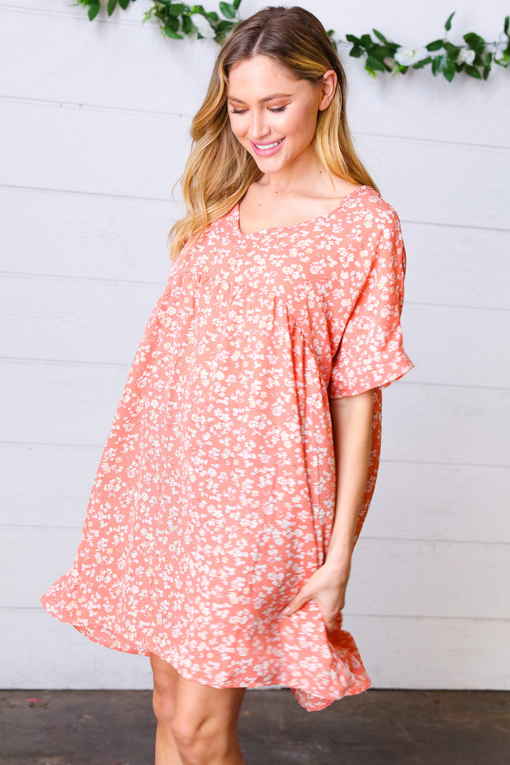 Peach Ditzy Floral Woven Dolman V Neck Dress | Nikki &amp; Co. Boutique