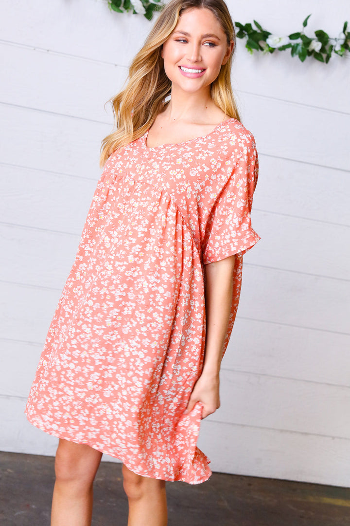 Peach Ditzy Floral Woven Dolman V Neck Dress | Nikki &amp; Co. Boutique