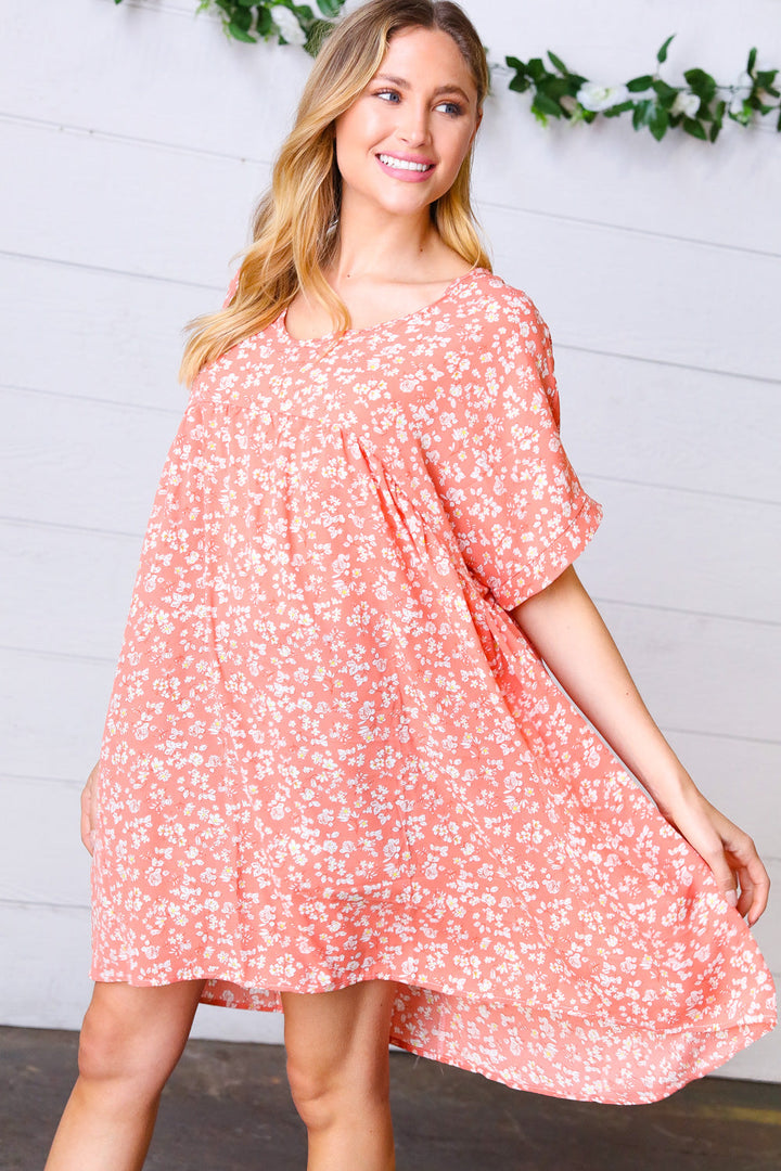 Peach Ditzy Floral Woven Dolman V Neck Dress | Nikki &amp; Co. Boutique