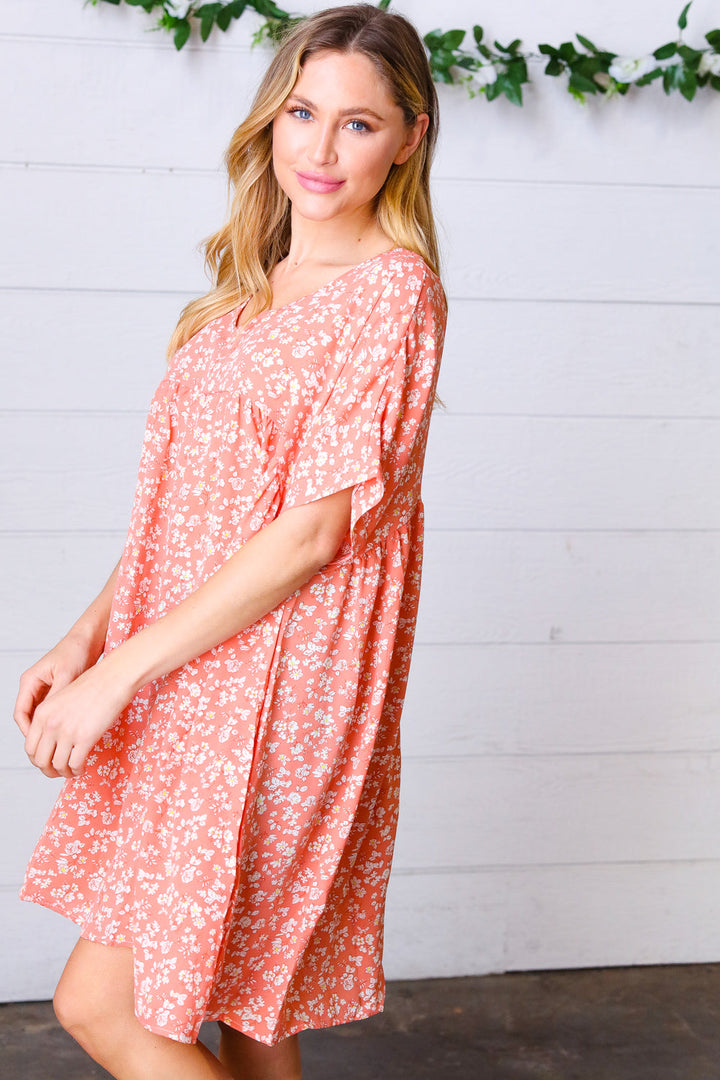 Peach Ditzy Floral Woven Dolman V Neck Dress | Nikki &amp; Co. Boutique