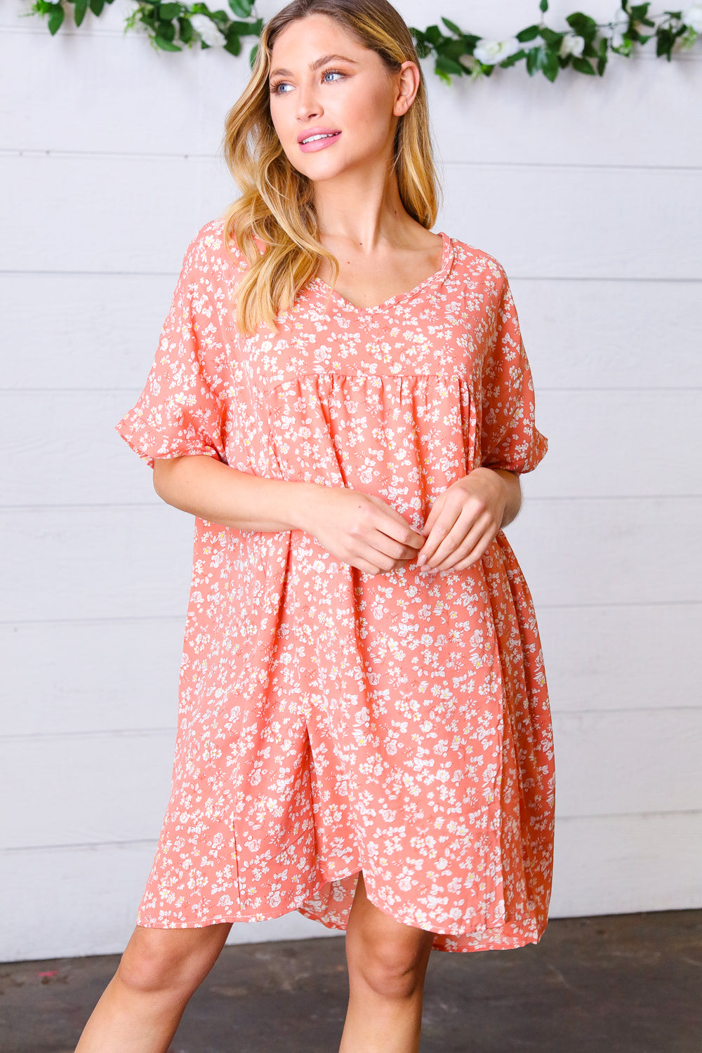 Peach Ditzy Floral Woven Dolman V Neck Dress | Nikki &amp; Co. Boutique